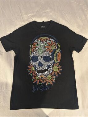 Black Skull Graphic Short Sleeve Tee with Floral Headphones
